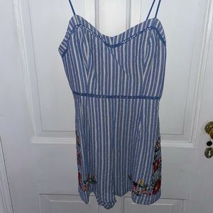 Blue and White Stripped Romper with embroidered flower detailing🌺